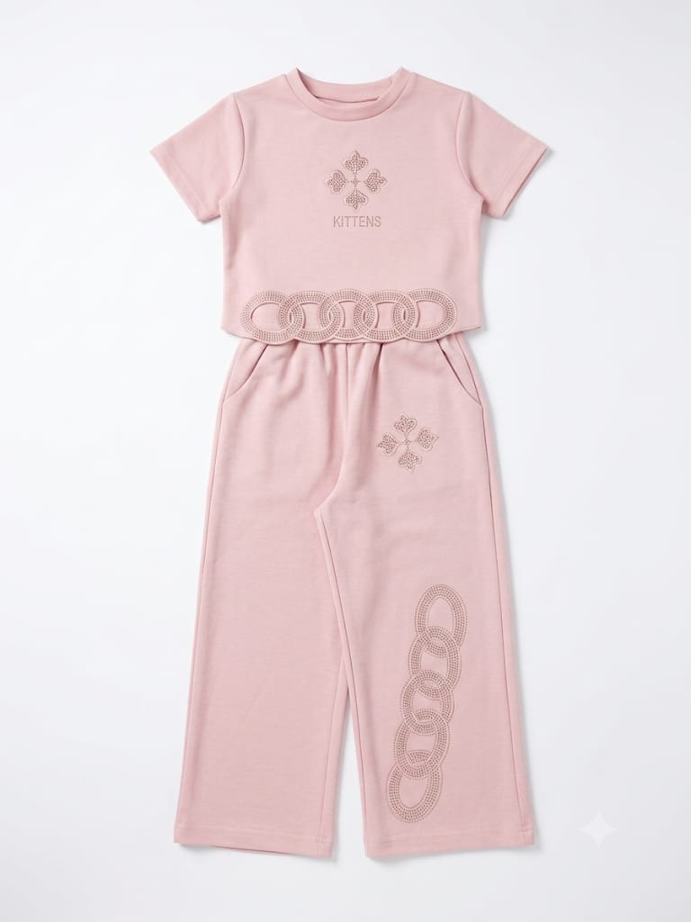 GIRLS PINK GRAPHIC T-SHIRT AND WIDE-LEG TROUSER CO-ORD SET