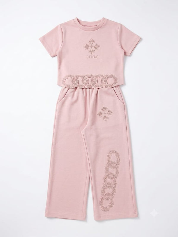 GIRLS PINK GRAPHIC T-SHIRT AND WIDE-LEG TROUSER CO-ORD SET