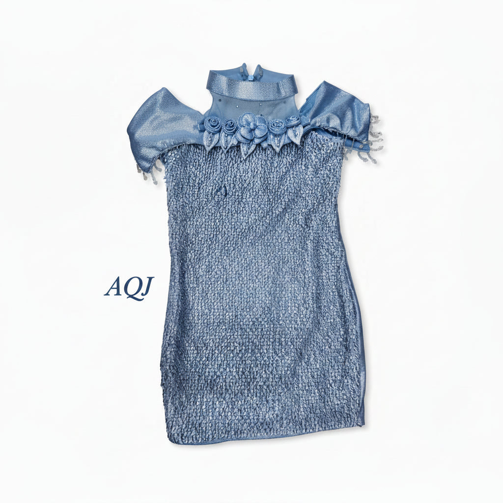 GIRLS BLUE LACE MIDI DRESS WITH COUTURE RUFFLE NECK
