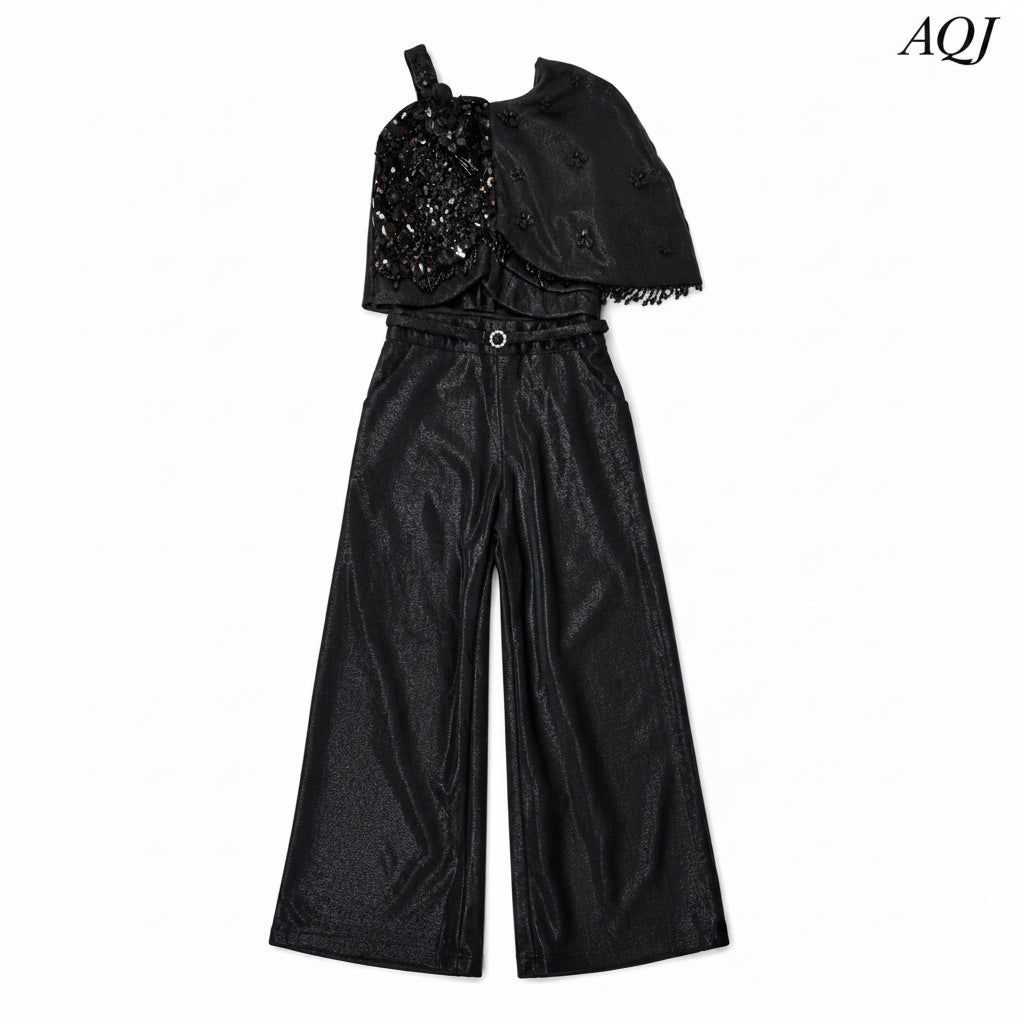 GIRLS BLACK ASYMMETRICAL JUMPSUIT WITH DRAPE DETAIL