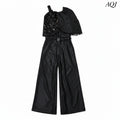 GIRLS BLACK ASYMMETRICAL JUMPSUIT WITH DRAPE DETAIL