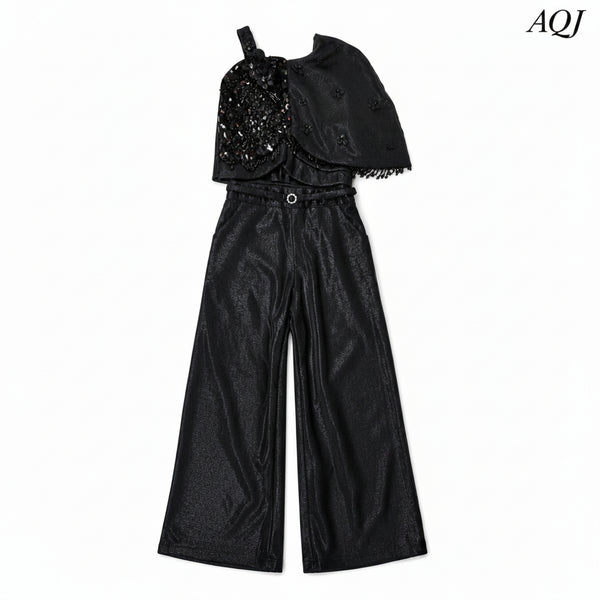 GIRLS BLACK ASYMMETRICAL JUMPSUIT WITH DRAPE DETAIL