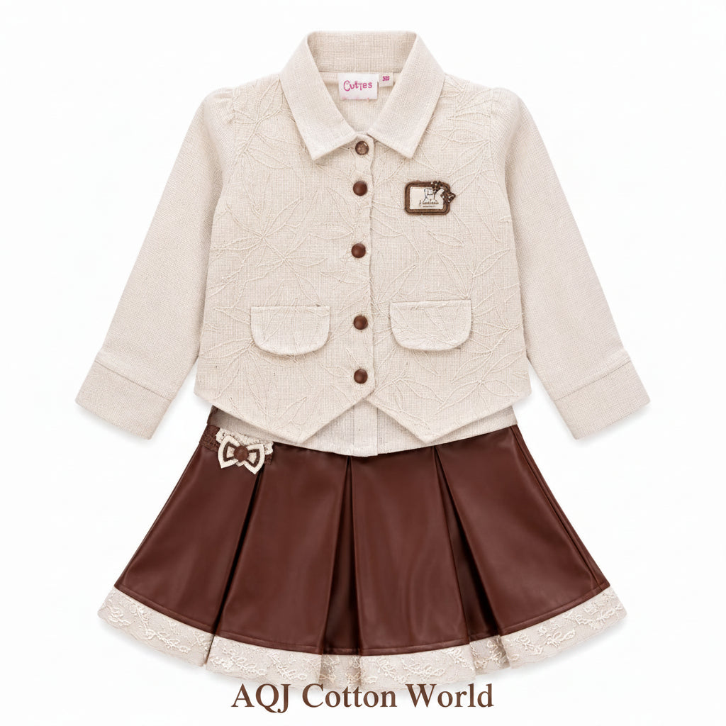 GIRLS CREAM THREE-PIECE SKIRT AND JACKET SET