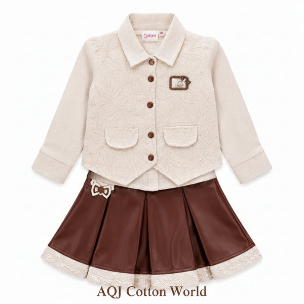GIRLS CREAM THREE-PIECE SKIRT AND JACKET SET