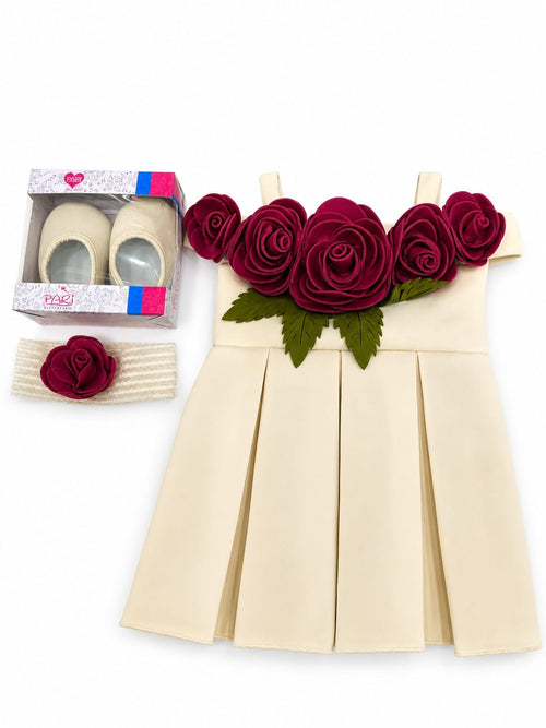Baby Girls Cream Flower Frock with Matching Booties