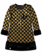 Black and Gold Sequined Checkerboard Dress Description: