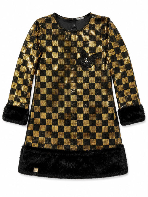 Black and Gold Sequined Checkerboard Dress Description: