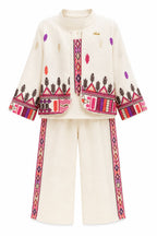 Girls' Embroidered Cream Jacket and Wide-Leg Pant Cord Set