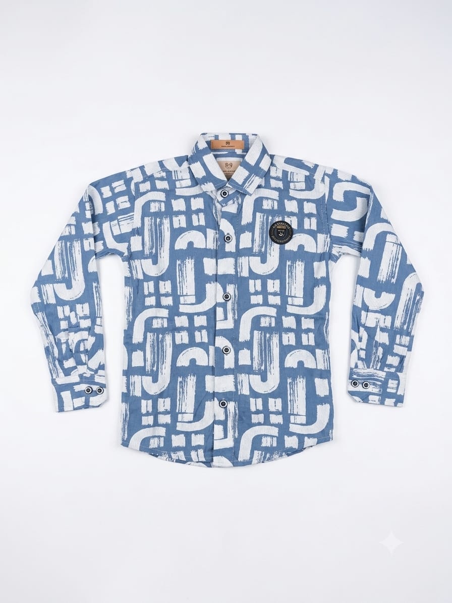 Boys Blue & White Geometric Printed Shirt