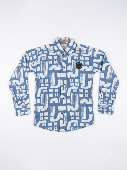 Boys Blue & White Geometric Printed Shirt