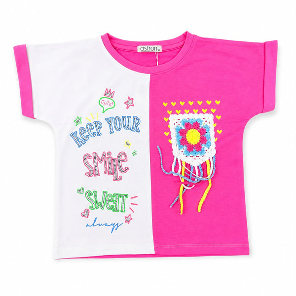 Girls' Two-Tone "Keep Your Smile" Graphic Tee with Crochet Detail
