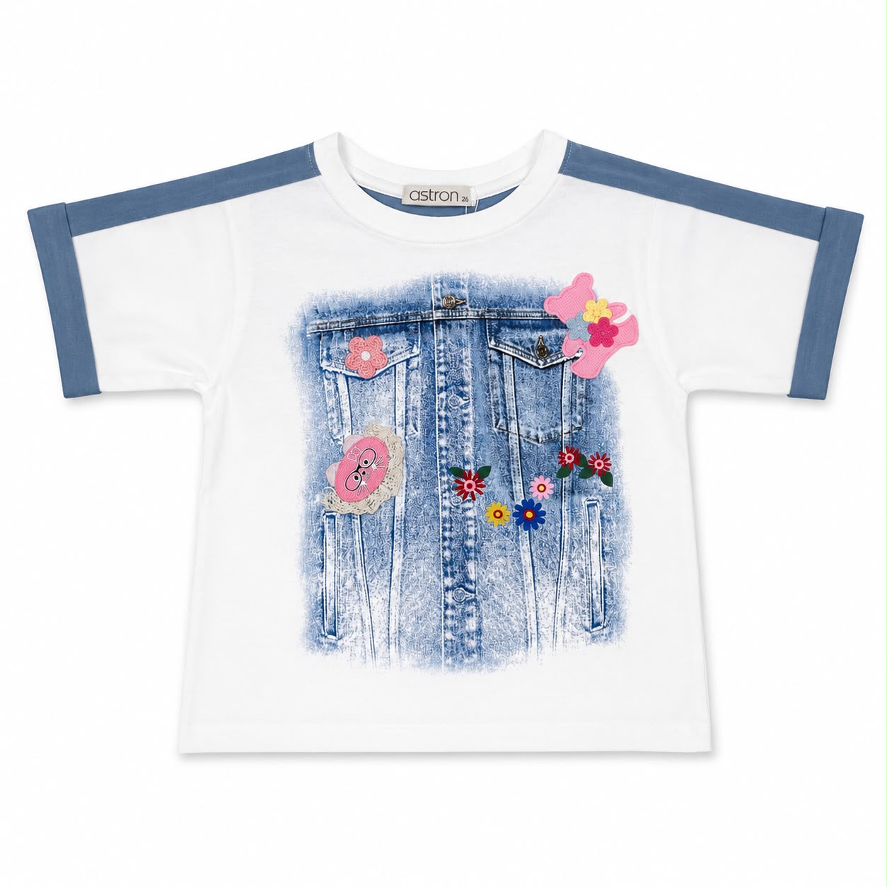 White & Blue Denim Print Girls Half Sleeve T-Shirt