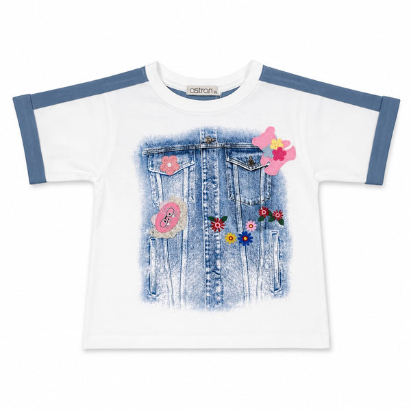 White & Blue Denim Print Girls Half Sleeve T-Shirt