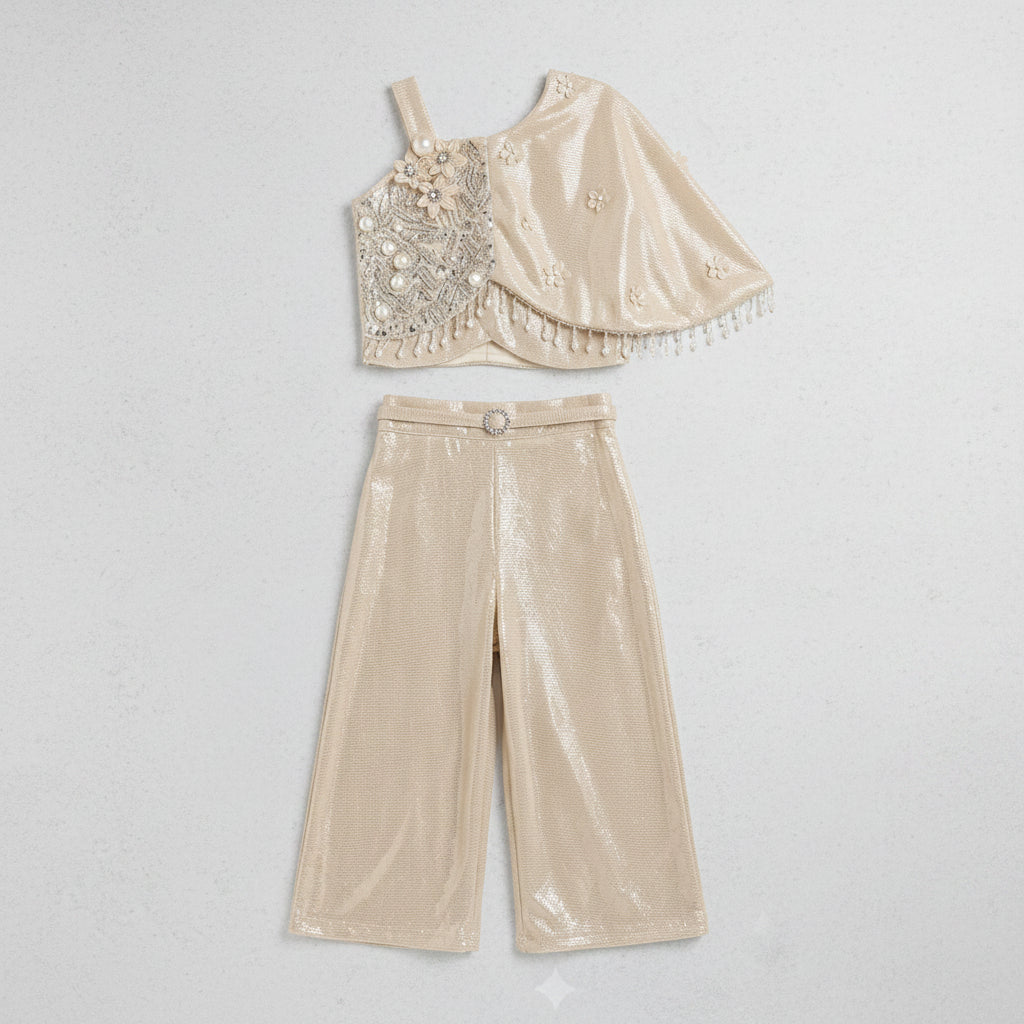 GIRLS PARTYWEAR WESTERN BEIGE CO-RDS SET