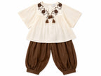 CREAM & OFF WHITE TOP ADORNED WITH DARK BROWN FLORAL WORK