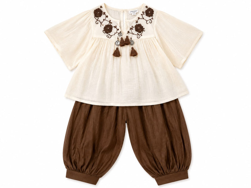 CREAM & OFF WHITE TOP ADORNED WITH DARK BROWN FLORAL WORK