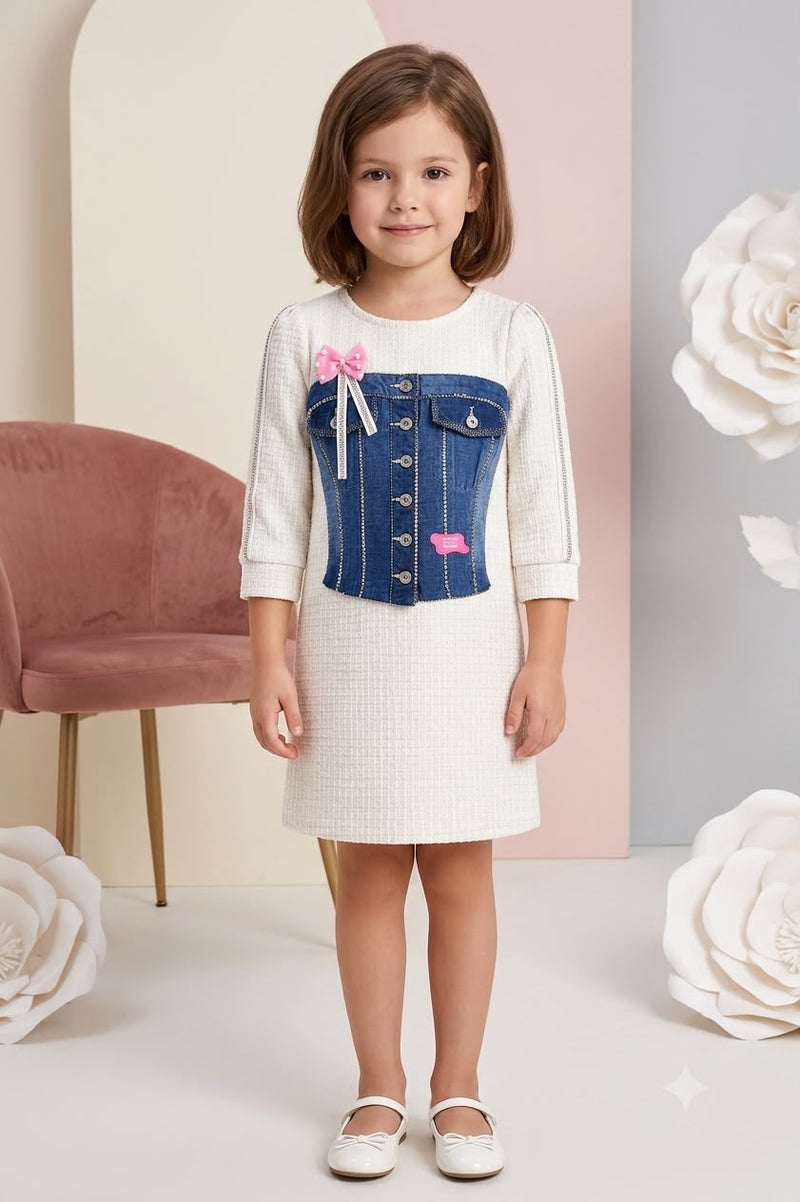 PARTYWEAR WHITE MIDDY WITH CUTE DENIM PATCH