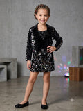 Girls' Shimmering Iridescent Sequin Black Velvet Skirt and Bolero Set