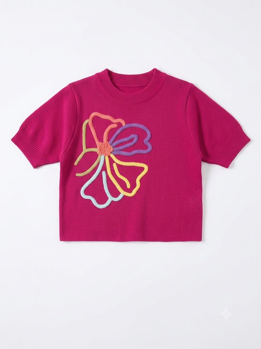 Vibrant Pink Short-Sleeve Knit Top with Colorful Abstract Flower