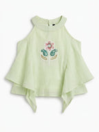 Mint Green Cold Shoulder Girls Top with Floral Embellishment