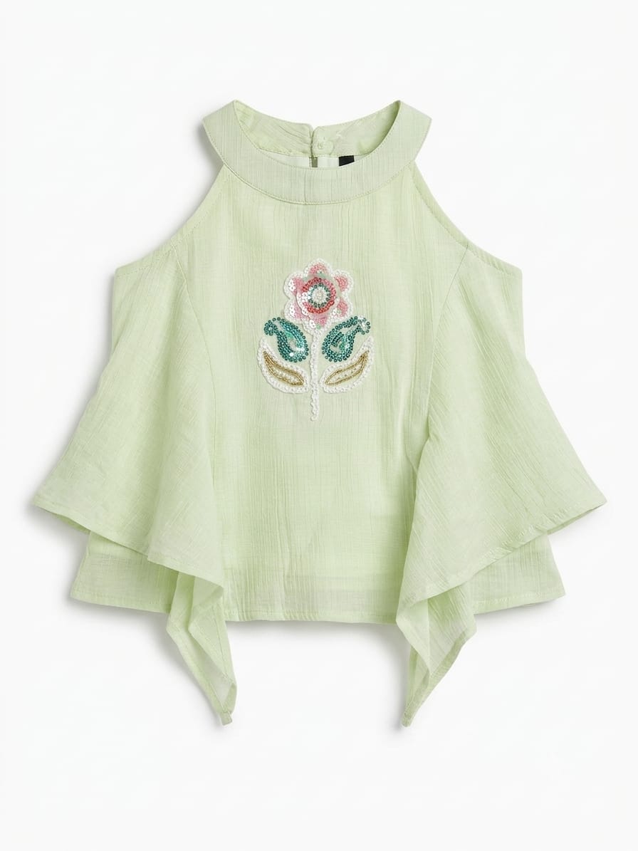 Mint Green Cold Shoulder Girls Top with Floral Embellishment
