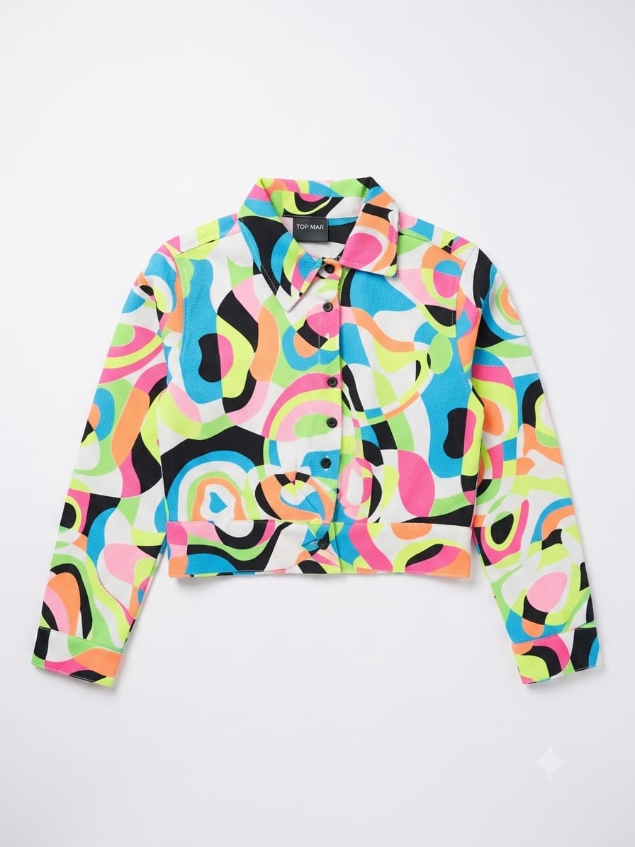 Multicolor Abstract Print Girls Crop Shirt