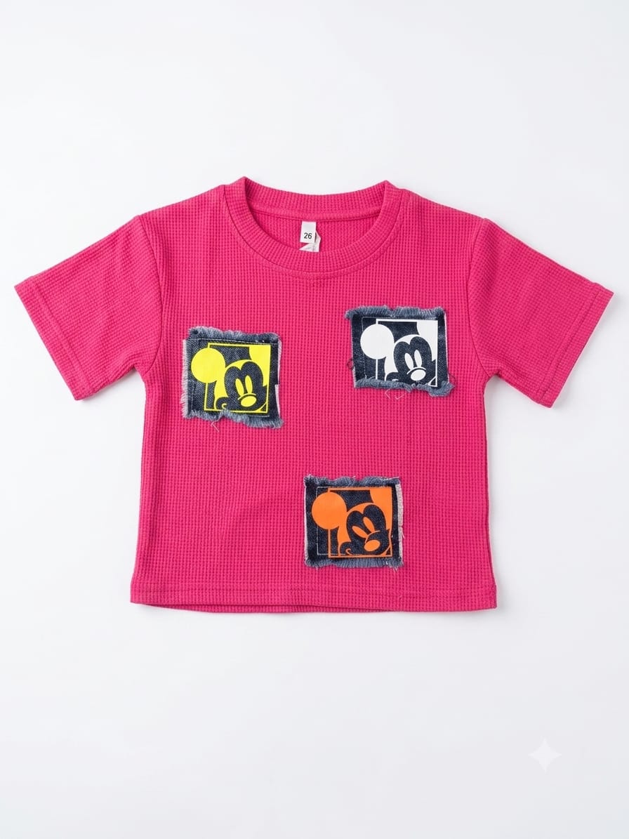 Hot Pink Textured Kids T-Shirt with Cartoon Patch Design