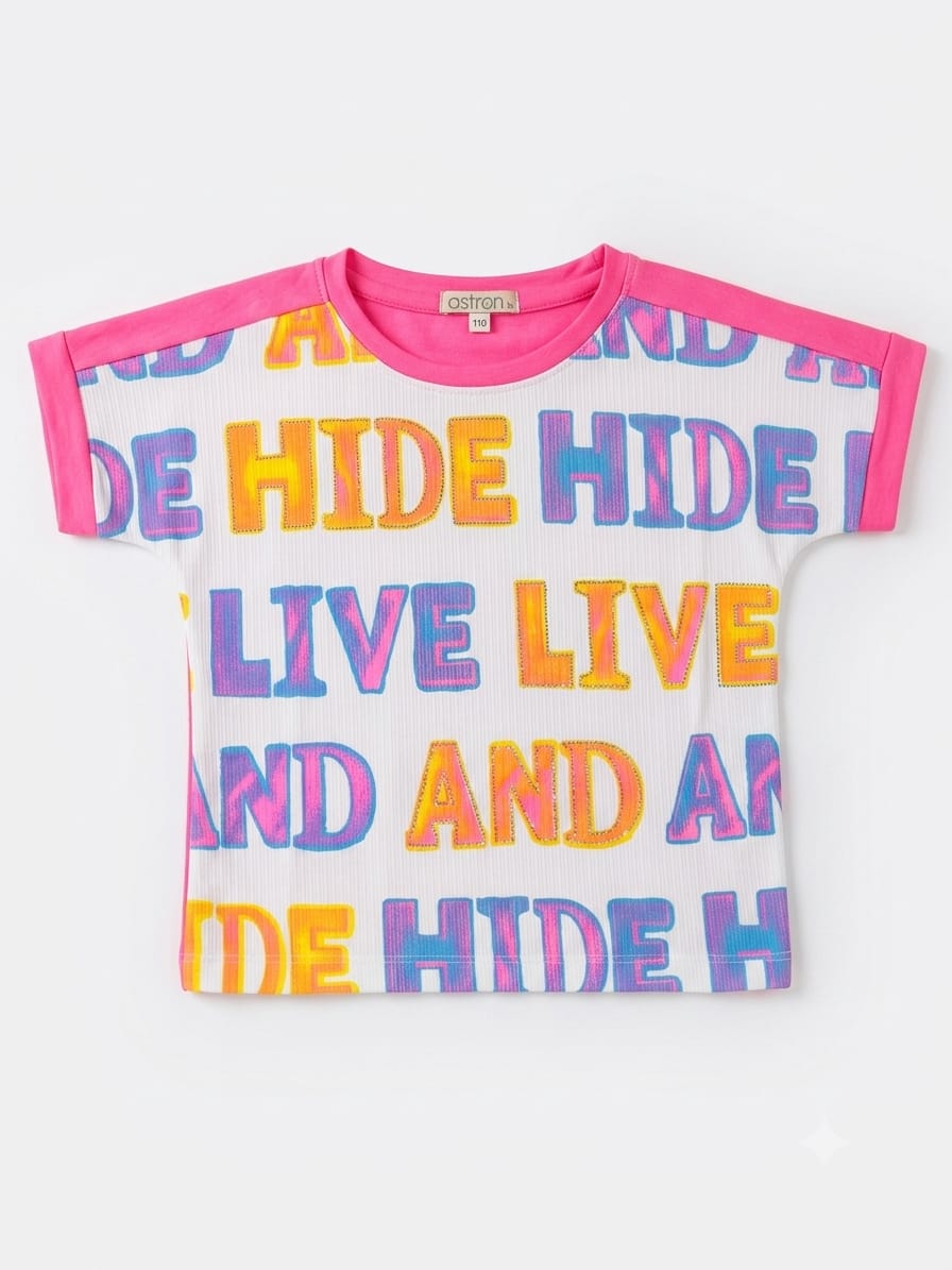 White Graphic Print Kids T-Shirt with Pink Trim