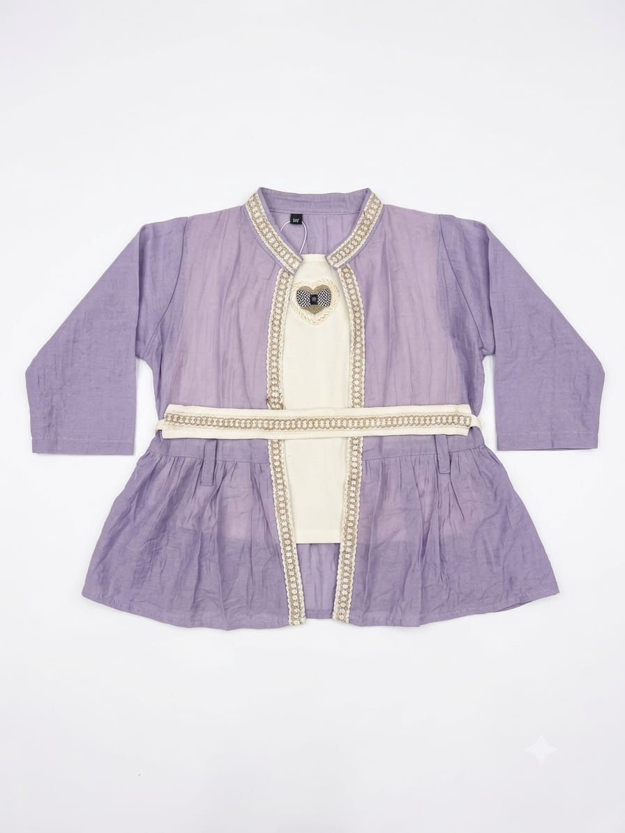 Lavender Long Sleeve Girls Frock with Belt