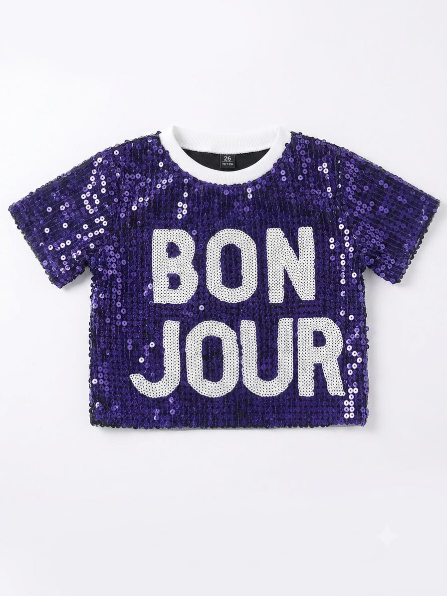 Royal Blue Sequin "BON JOUR" Half Sleeve Kids T-Shirt