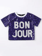 Royal Blue Sequin "BON JOUR" Half Sleeve Kids T-Shirt