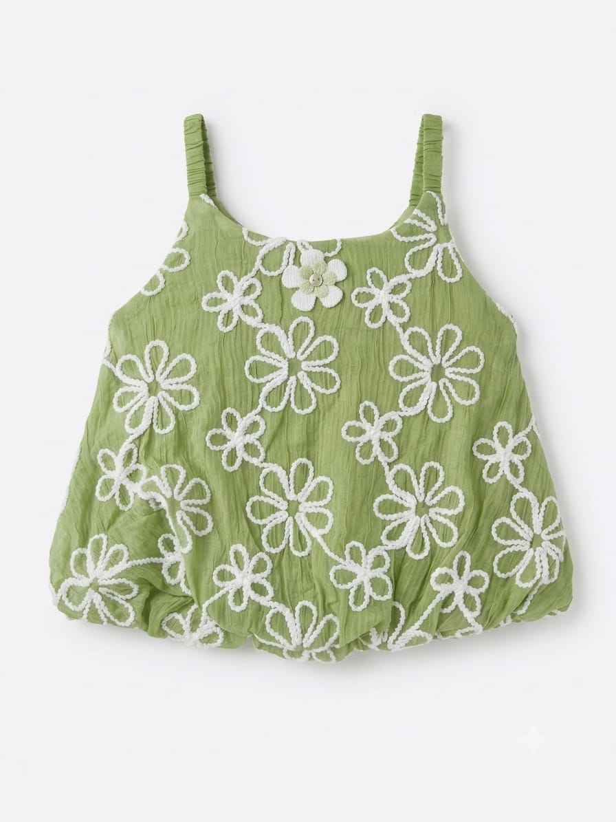 Green Floral Embroidered Sleeveless Bubble Top