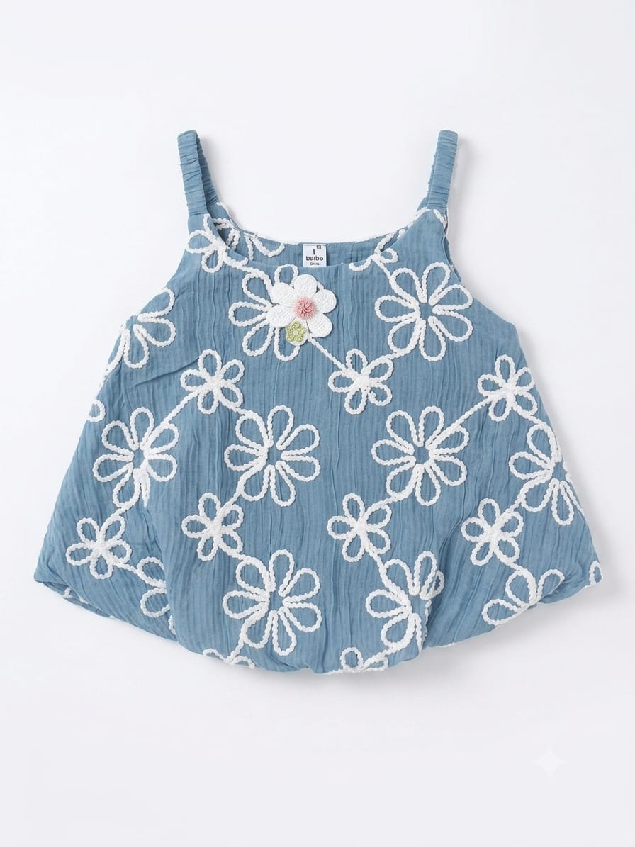 Blue Floral Embroidered Sleeveless Bubble Top