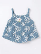 Blue Floral Embroidered Sleeveless Bubble Top