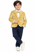 Boys Golden Velvet Blazer with Bow Tie & Navy Trousers – Premium Party Wear Suit Set