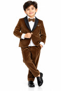 Premium Boys Brown Velvet Tuxedo Suit Set with Black Shawl Collar & Bow Tie