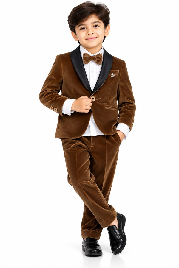 Premium Boys Brown Velvet Tuxedo Suit Set with Black Shawl Collar & Bow Tie