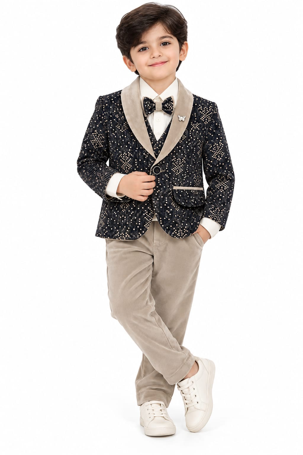 Boys Black & Beige Printed Blazer Suit Set with Bow Tie – Premium Party Wear