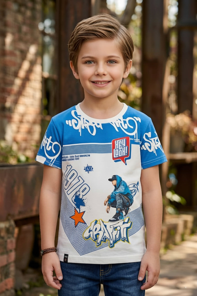 A cool and comfortable tee for everyday adventures. Featuring a bold graffiti print and trendy street style graphics, this t-shirt is perfect for active boys who love to stand out.
