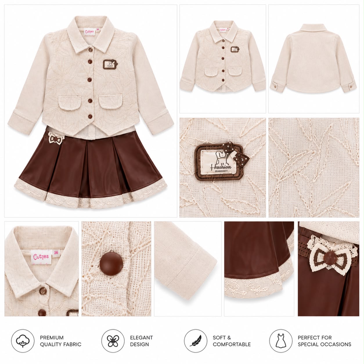 GIRLS CREAM THREE-PIECE SKIRT AND JACKET SET