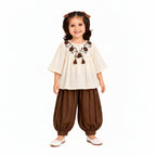 CREAM & OFF WHITE TOP ADORNED WITH DARK BROWN FLORAL WORK
