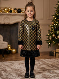 Black and Gold Sequined Checkerboard Dress Description: