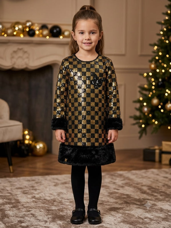 Black and Gold Sequined Checkerboard Dress Description: