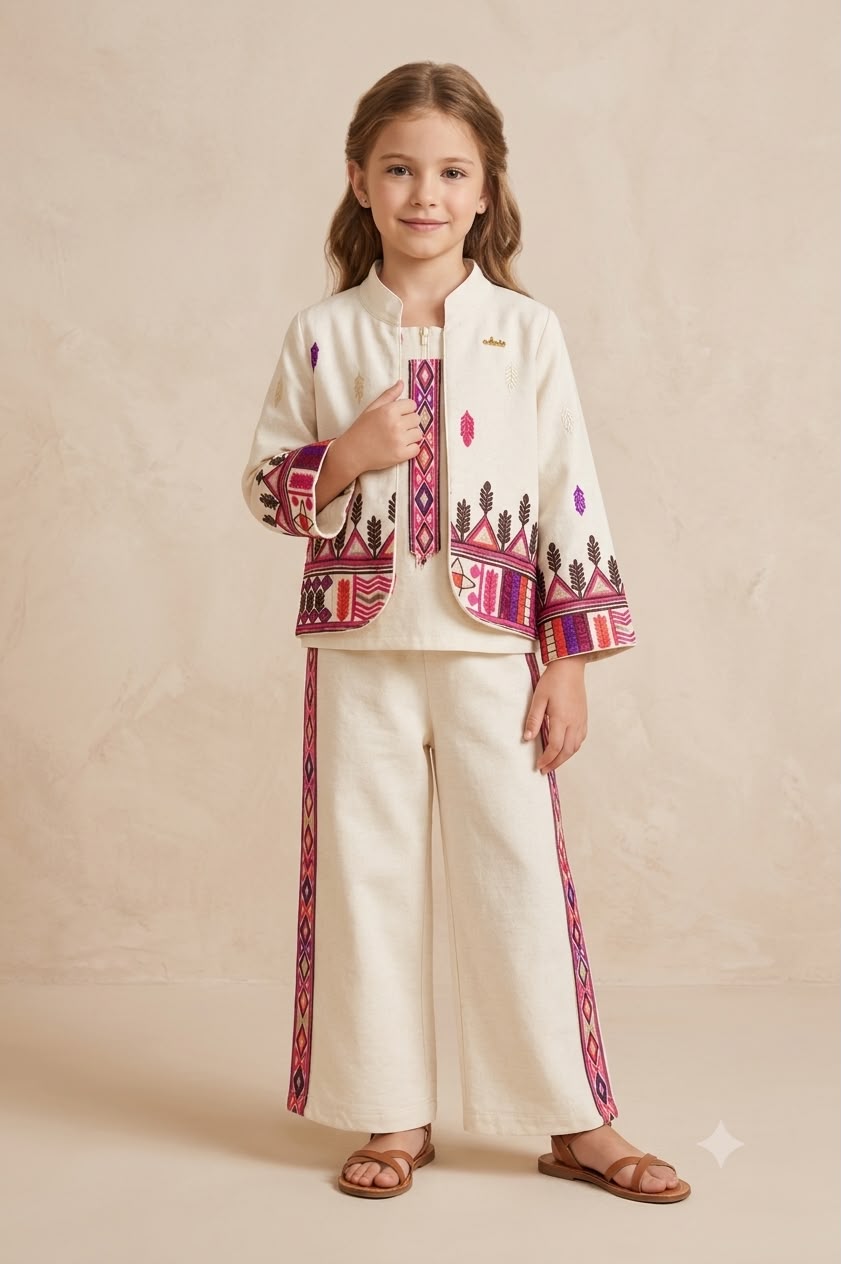 Girls' Embroidered Cream Jacket and Wide-Leg Pant Cord Set