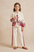 Girls' Embroidered Cream Jacket and Wide-Leg Pant Cord Set