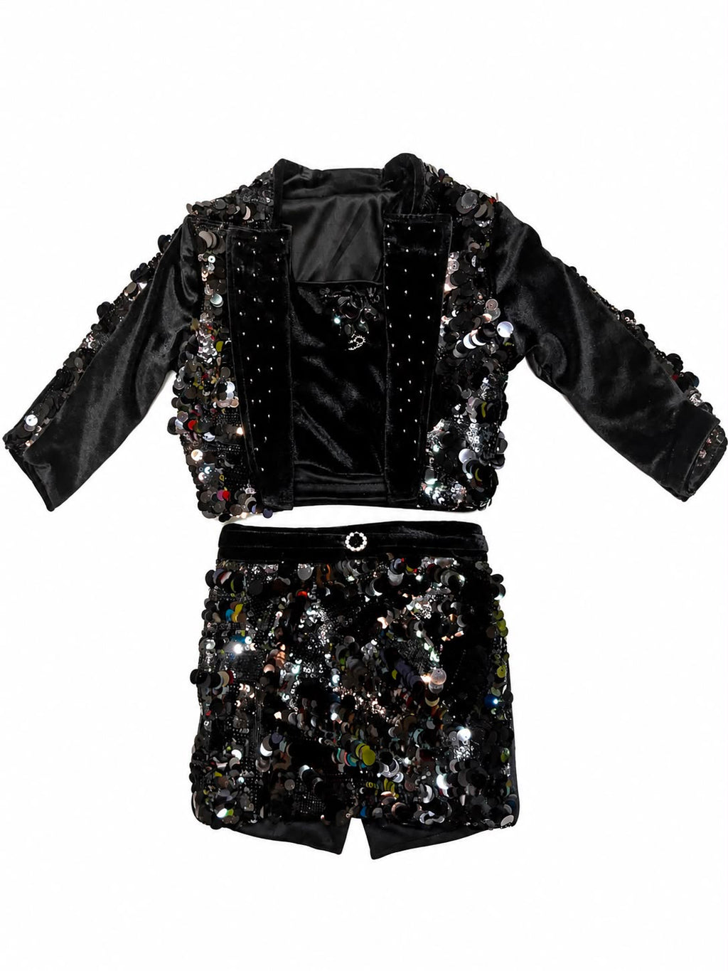 Girls' Shimmering Iridescent Sequin Black Velvet Skirt and Bolero Set