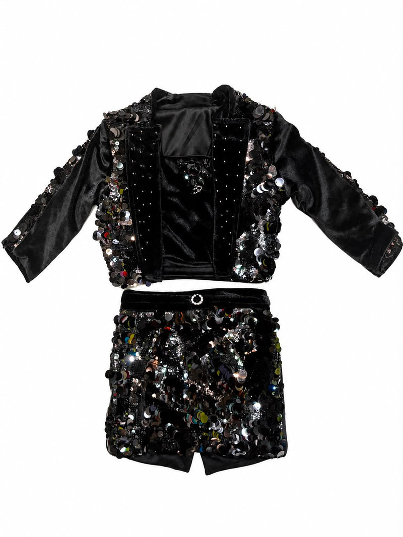Girls' Shimmering Iridescent Sequin Black Velvet Skirt and Bolero Set