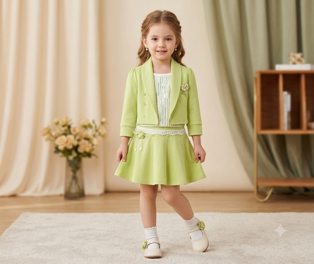 Girls Lime Green  jacket pleated cord set