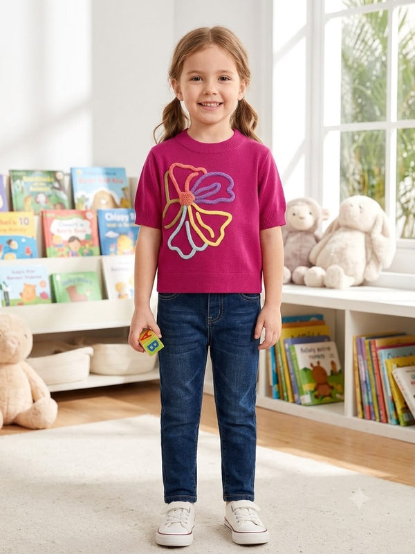 Vibrant Pink Short-Sleeve Knit Top with Colorful Abstract Flower