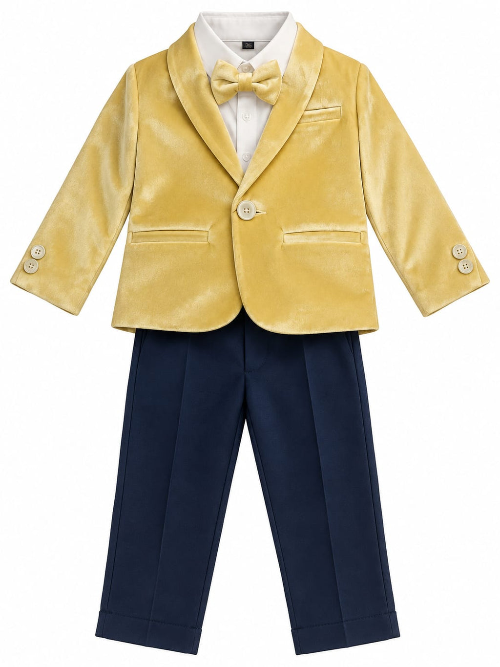 Boys Golden Velvet Blazer with Bow Tie & Navy Trousers – Premium Party Wear Suit Set